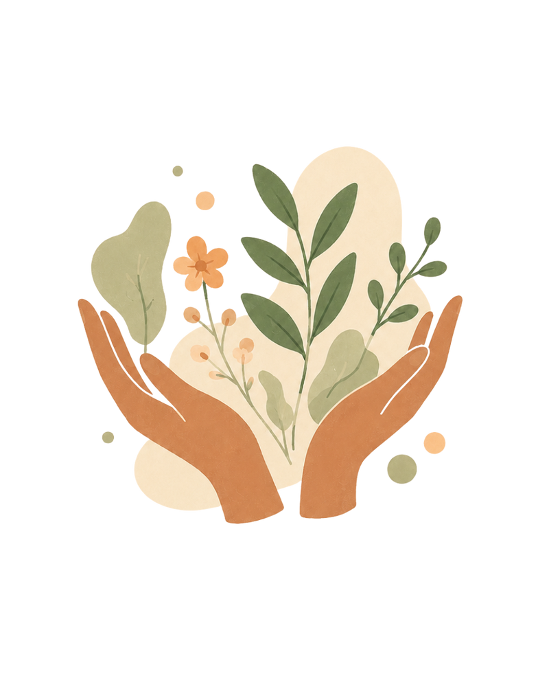 Botanical ingredients held in two hands, representing Clean Formulation and Conscious Craftsmanship