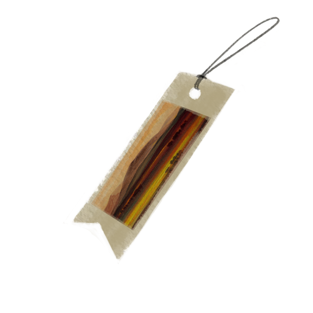 A handmade-paper bookmark on a cord, printed with a strip of the artwork.