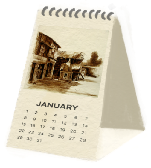 A mini desk calendar in handmade paper, its January page carrying a sepia drawing of a village street.