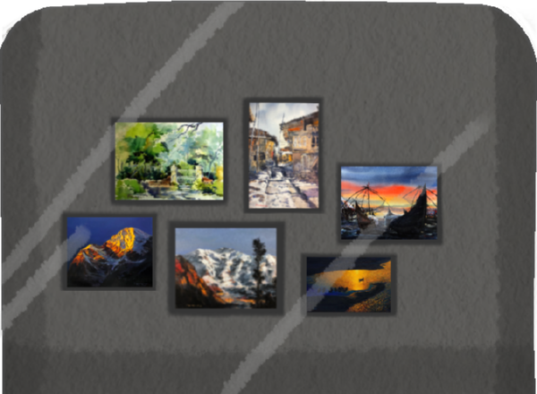 Six miniature framed paintings held on a fridge door.