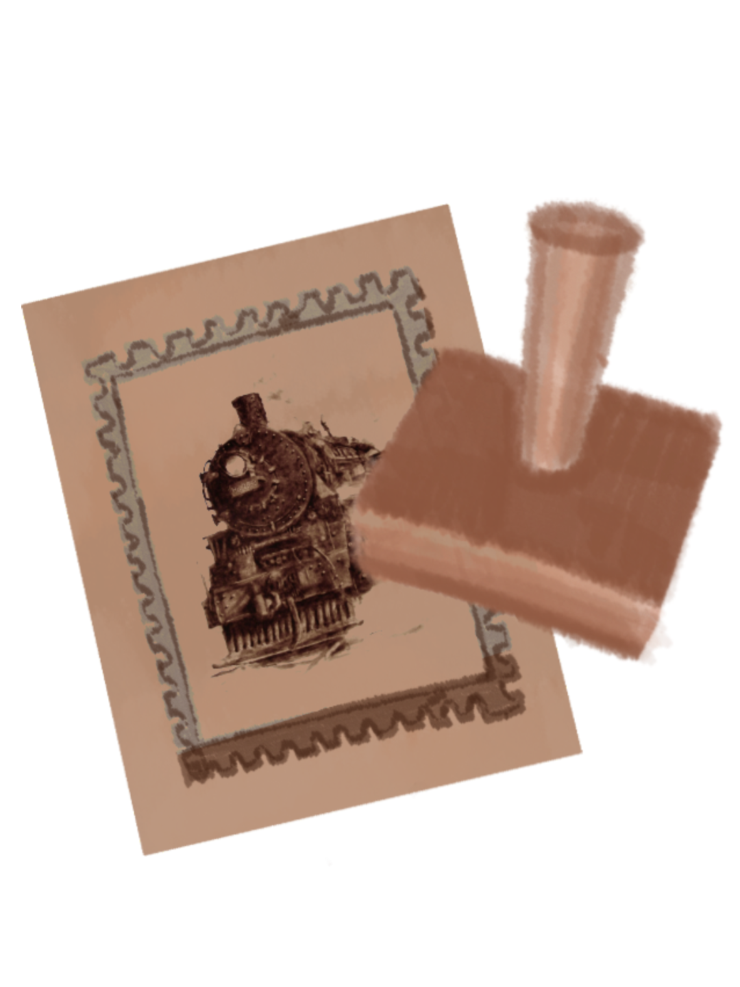 A custom rubber stamp beside the card it has just printed — a locomotive inside a perforated stamp border.