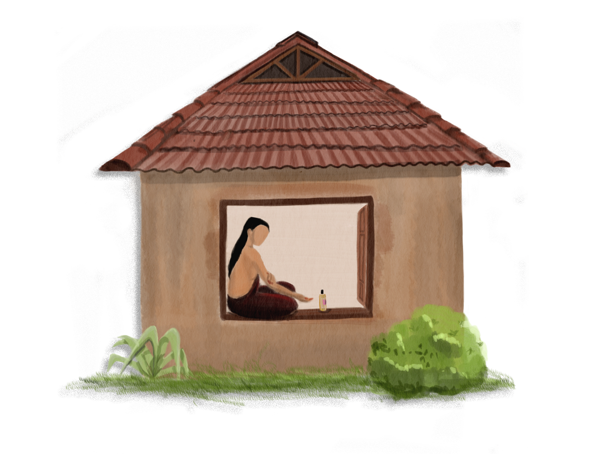 A tiled forest hut, a woman seated in its window beside a bottle of oil.