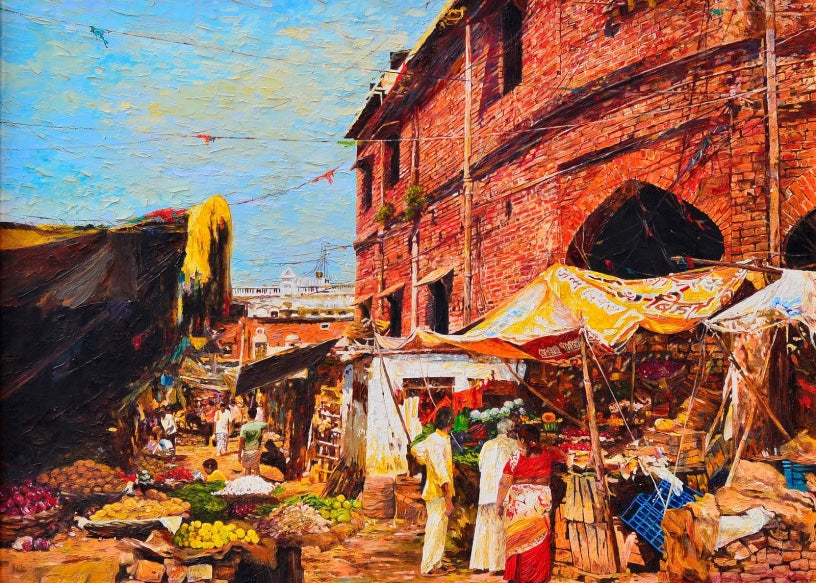 Impasto oil painting of a sunlit market street beside a red brick temple wall.