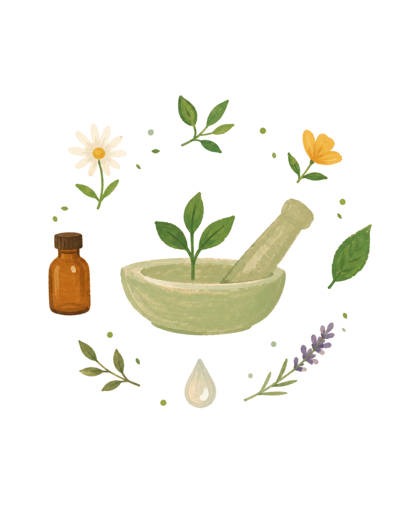 Botanical mortar and pestle representing Ancient Wisdom, Modern Science